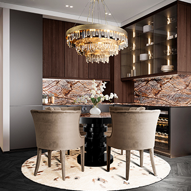 BEGONIA Dining Chair, SHINTO Round Dining Table, NAICCA Chandelier, OSLO Rug